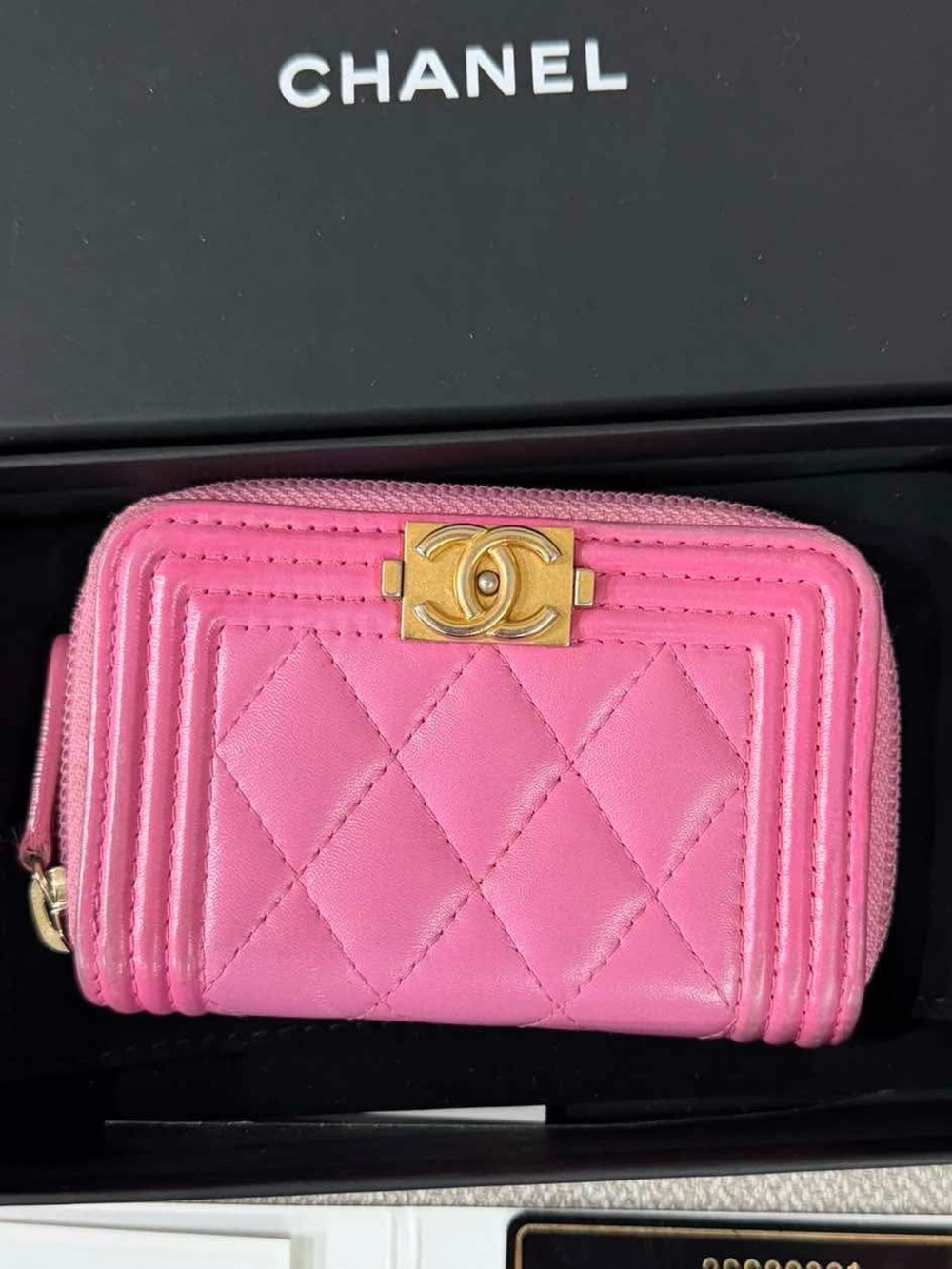 CHANEL Pink Quilted Leather Zip-Around Card Wallet with Gold CC Plaquei small